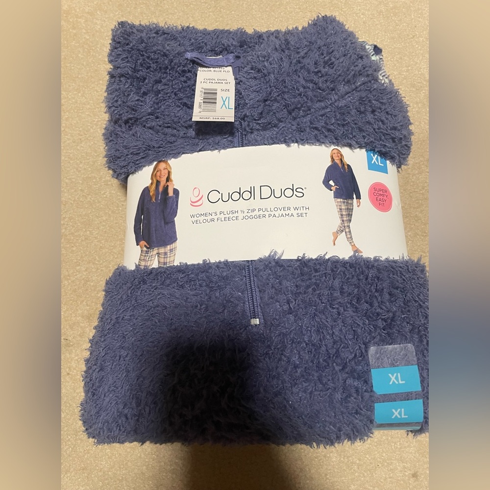 Womens Cuddl Duds Plush 1/2 Zip Pullover With Velour Fleece Jogger PJ Set